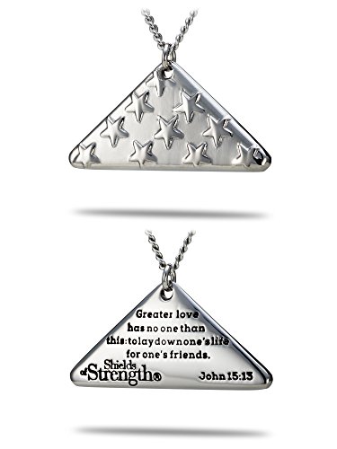 Shields of Strength Women's Stainless Steel Silver Folded Flag Pendant Necklace John 15:13 Bible Verse Faith Goldstar Fallen Officer Police Soldier Gift