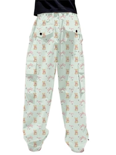 Image of Cromoncent Girls High Waist Parachute Pants Y2K Cargo Trousers with Pockets for Women, Green Bear, 11-12 Years = Tag 160