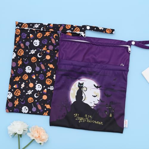 ALVABABY Helloween 2pcs Cloth Diaper Wet Dry Bags Waterproof Reusable with Two Zippered Pockets Travel Beach Pool Daycare Soiled Baby Items Yoga Gym Bag for Swimsuits or Wet Clothes 2LM07 - Thumbnail 6