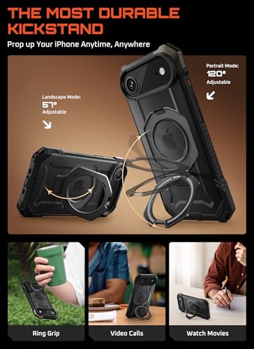Image of SUPCASE for iPhone Air Case with Stand & Camera Control Button, Black | Compatible with MagSafe, Military-Grade Drop Protection, Anti-Slip Grip, Heavy Duty Magnetic Phone Case, Unicorn Beetle Grip