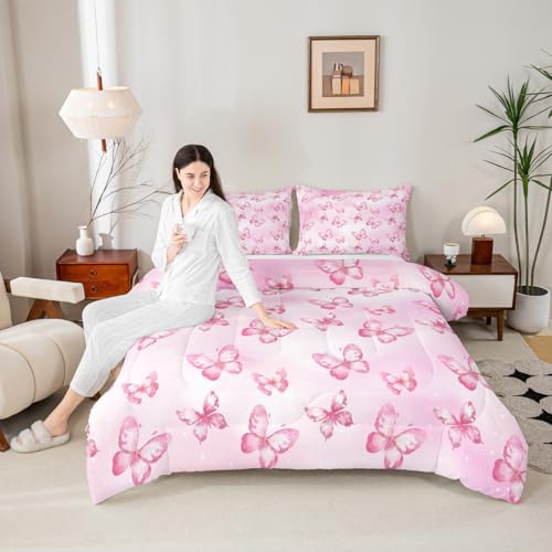 Image of Erosebridal Pink Butterfly Comforter Set for Kids Boys Girls 3D Pink Dreamy Butterfly Bedding Colorful Ink Stick Printing Duvet Set All Season Microfiber Comforter Queen with 2 Pillowcases