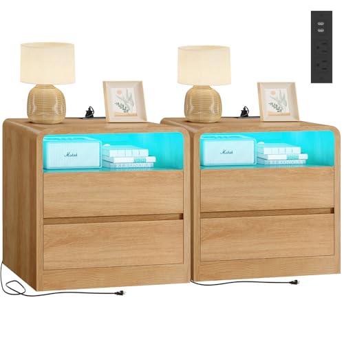 Image of TEENFON Nightstands Set of 2 with Charging Station & LED Lights, Curved Corner Bedside Table 21.7 inch W, 2 Drawers & Open Shelf, USB-C & USB Ports, Natural, Storage End Table for Bedroom /Living Room