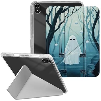 Clear Y-Fold Stand Case for iPad (A16) 11th Gen 11'' (2025), iPad 10th Gen 10.9'' (2022) with Pencil Holder– Slim Shockproof Transparent Cover with Auto Sleep/Wake,Ghost Sitting on The Swing
