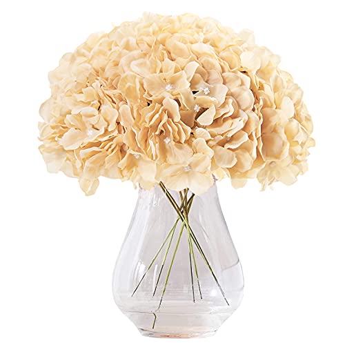 KISLOHUM New Champagne Silk Hydrangea Heads Artificial Flowers Heads with Stems for Home Wedding Decor,Pack of 10
