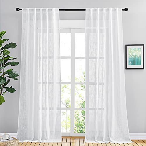 NICETOWN White Semi Sheer Living Room Curtains 108 inches Long, Rod Pocket & Back Tab Faux Linen Window Treatments Privacy with Light Filtering for Be