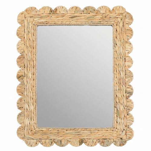 Image of 23 inch x 17 inch Scalloped Rattan Mirror Handwoven Water Hyacinth Wall Mirror Decorative Natural Water Hyacinth Wall Wavy Frame for Bathroom, Living Room, Entryway Decor