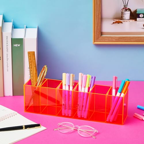 Image of Jetec Acrylic Pen Holder 6 Compartments Makeup Brush Stationery Organizer Pencil Holder for Desk Accessories, Cosmetic Brushes, Dorm, Home, Bathroom, Kitchen, Office Supplies(Neon Pink)