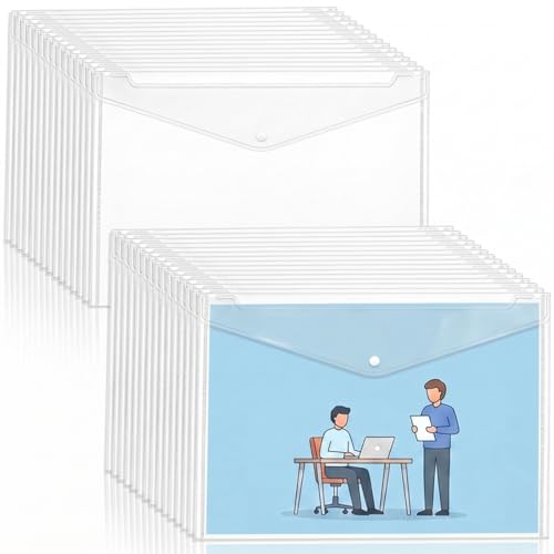 Image of Goaste 30 Pack Clear Plastic Envelopes, 11x17 Inch Snap Closure File Folders, A3 Document Storage Organizers, Reusable Poly File Holder for Office School Home Blueprints Drawings Construction Plans