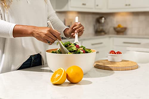 Bamboo Fiber Salad Bowl With Servers - 9.8 Inches Large Mixing Bowl With Lid & 2 Serving Utensils Has A 100% Bamboo Lid With Handle, Silicone Seal For Stay-Fresh Storage & Insets For Spoon & Spork #TOP5