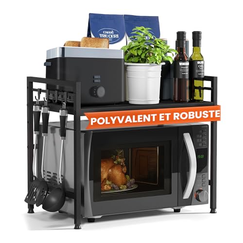 Heldenwunder Étagère Micro-Ondes Étagère de Cuisine en Acier (2 Niveaux) | Meuble Micro-Ondes Support Four | Rangement Cuisine Ajustable en Hauteur & Longueur + Vidéo de Montage, Crochets – Noir