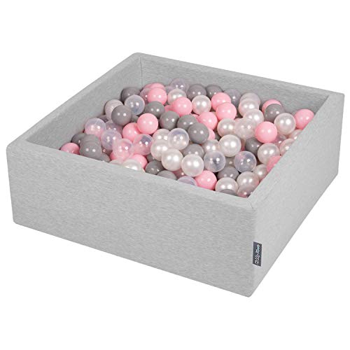 KiddyMoon Piscine À Balles pour Bébé Carré 90X30cm/200 Balles 7Cm Fosses À Boules Jouet Enfant, Gris Clair: Perle/Gris/Transparent/Rose Poudré