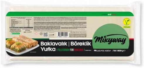 Mixyway Phyllo Dough for Baklava Borek, Turkish Yufka, Partially Pre Baked Very Thin Filo Pastry Dough Leaves, Fillo Pastry Dough Sheets, 1.75lb (800g) 44 pcs