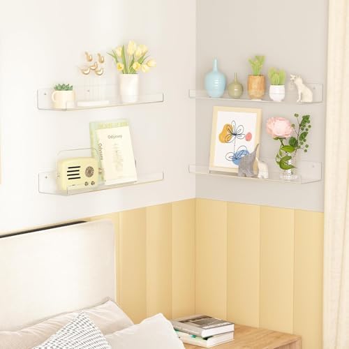 Image of Acrylic Shelves for Wall Storage, 15 inch Floating Bookshelves for Kids, Display Shelf Organizer for Bathroom, Bedroom, Living Room, Kitchen, Room Decor, Clear (2)