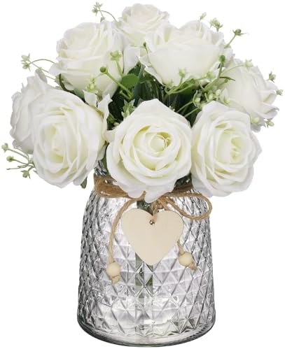 NiHome Artificial White Roses in Elegant Clear Glass Vase, Realis...