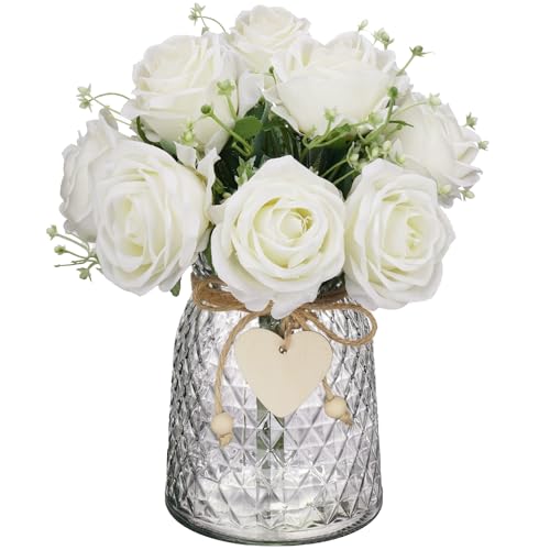 NiHome Artificial White Roses in Elegant Clear Glass Vase, Realistic Silk Flowers with Heart and Ball Pendants for Dining Table, Coffee Table, Farmhouse, Bathroom, Living Room and Home Office Décor