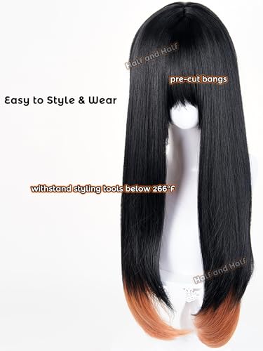 Image of Amo Empool Cosplay Wig 27.5'' Long Straight Black Orange Brown Anime Wigs | Black Layered Wig with Bangs for Women Halloween Costumes Party Daily