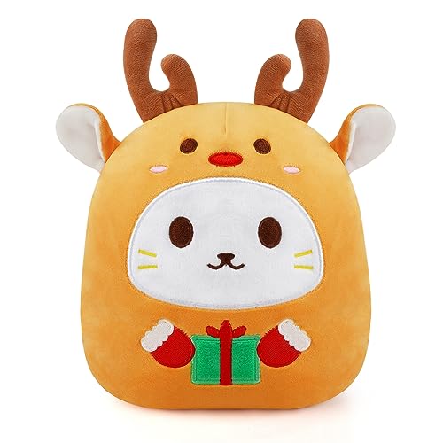 KOPHINYE Christmas Stuffed Animal Reindeer Plush, 10inch Cute Deer Cat Pillow Soft Plush Toy, Christmas Stuffed Animals for Kids, Girls, Boys