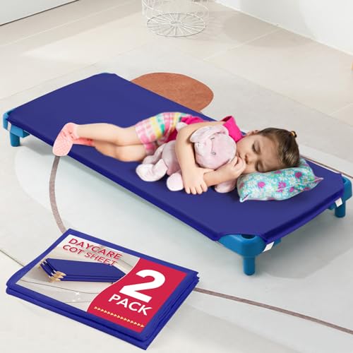 2 Pcs Daycare Cot Sheets, 23' X 51', Blue Toddler Cot Sheets Daycare with Corner Elastic Loops for Infants, Daycare Essentials for Toddler and Preschool, Breathable Microfiber