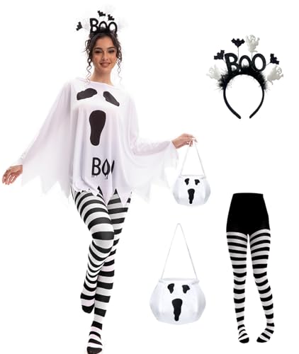 QUDLIMO 4 PCS Halloween Costume Set for Women Adult Ghost Costume, Ghost Poncho for Female, Candy Bag, Headband and Striped Tights, Unique Cute Halloween Costumes Woman 2025 for Party Cosplay