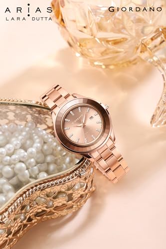 Image of Giordano Arias Lara Dutta Signature Collection Analog Quartz Watch for Women Round Sunray Dial Crystal Hour Markers, Date Display & Stainless Steel Strap