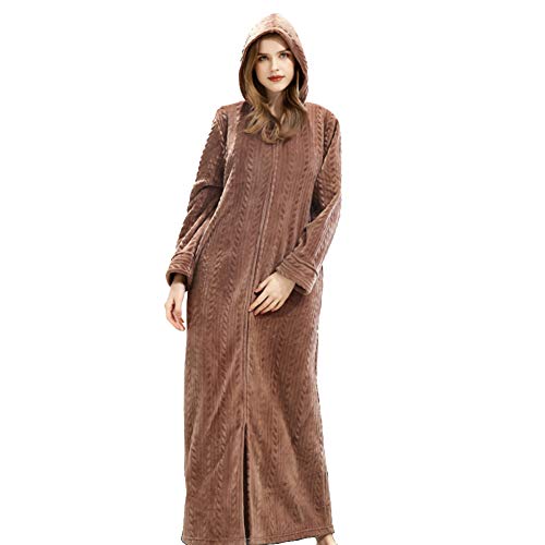 Long Hooded Zipper Bathrobe, Women Flannel Fleece Kimono Robes Warm Housecoat Nightgown-Coffee M