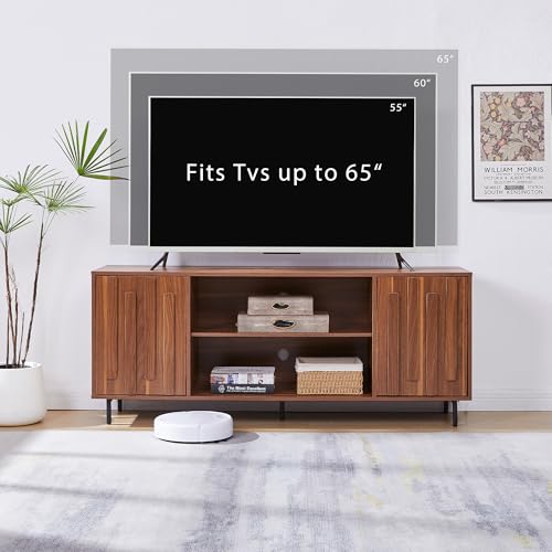 VAXZOFI TV Stand for for Living Room, Mid-Century Modern TV Stands for 65" 60" 55" TVs, Fluted Entertainment Center with Storage Cabinet & Open Shelf, Wood TV Media Console Table, Walnut