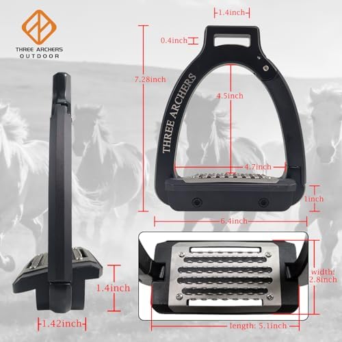 THREE ARCHERS Safety Stirrups Side Opening Design for Adults, Breakaway Stirrups with 4.7" Anti-Slip Stainless Steel Grated Tread Horse Riding Equipment for Equestrian Beginner Trail-Black - 1