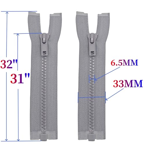 Image of MebuZip 2PCS #5 31 Inch Separating Jacket Zippers Resin Zipper Molded Plastic Zippers Bulk for Sewing Coat Jackets Clothes (Grey)
