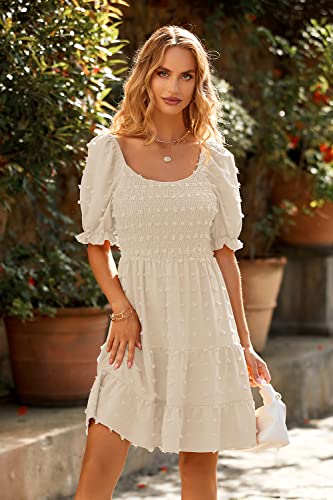Prettygarden Women's Summer Dresses Casual Square Neck Short Puff Sleeve Swiss Dot Flowy A Line Swing Dress (Apricot,Medium) #TOP2