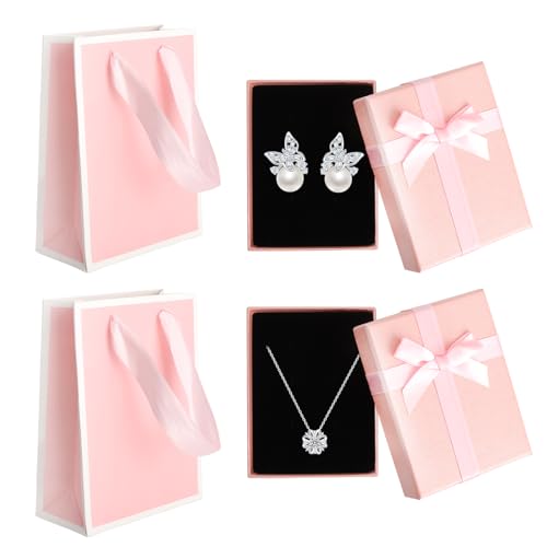 XRVRILE Lot de 2 boîtes à bijoux avec sac cadeau, 9 x 7 x 3 cm, boîte cadeau, avec nœud pour boucles d'oreilles, bagues, colliers, petites boîtes cadeau...
