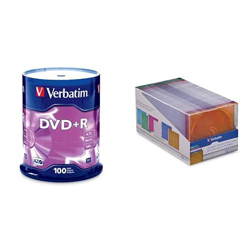 Verbatim DVD+R AZO Dye 4.7GB 16X 100 Discs Spindle Frustration Free Packaging + 50 Slim Storage Cases Assorted Colors – Data & Music Recording Bundle