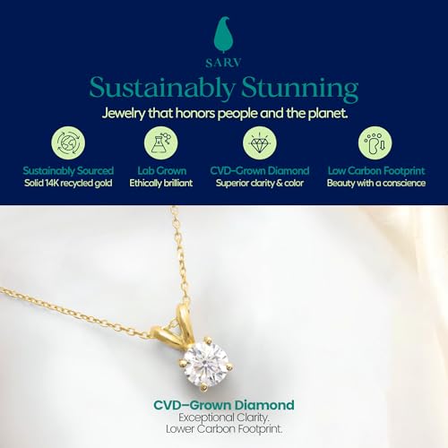 SARV Solitaire Lab-Grown Diamond Pendant Necklace For Women with 16” Chain in 14K Recycled Gold, D-F Color, VVS, Excellent Cut, Hypoallergenic, Includes Product Passport and Gift-Ready Packaging, Conflict-Free3