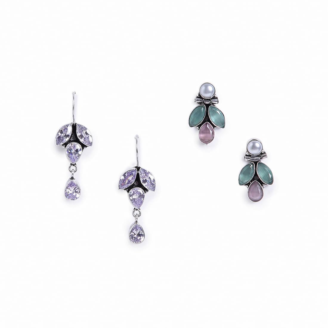 2 Pairs 925 Silver Plated Vintage Stones & Pearls Earrings Combo Set for Women & Girls- Silver Lookalike Statement Pearls Stones Earrings-image-47