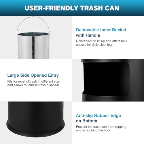 Image of IRONWALLS Outdoor /Indoor Trash Can with Lid, Black Stainless Steel Garbage Can Waste Bin Receptacle Container, Commercial Trash Can Round with Removable Tray & Inner Bucket for Office, Patio, Home