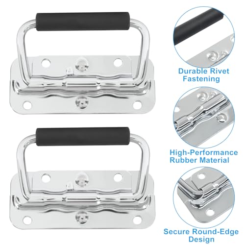 Image of Spring Loaded Handle, 100mm / 4 Inch Heavy Duty Folding Handle with Durable Rubber Grip for Toolboxes, Cabinets, Easy to Install, 2Pcs