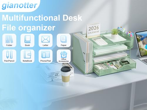 Image of gianotter 4-Tier Desk Organizer with Drawers, File Holders, Letter Trays and Pen Holders - Workspace Accessories for Office Supplies (Sage Green)