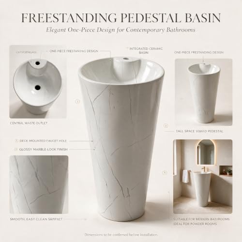 Image of Backline Pedestal Wash Basin| Free Standing Pedestal Basin 7 Years Warranty | One Piece Basin for Bathroom /Office /Living Room /Restaurant (Size - 15 x 15 x 34 Inch) (White Glossy)