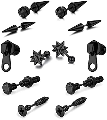 12 Pcs Punk Gothic Black Stainless Steel Fake Spike Tapers Nail Screw Zipper Closure Stud Earrings Set Illusion Tunnel Piercing Jewelry Gift for Men Women Teen Fake Gauge Earrings
