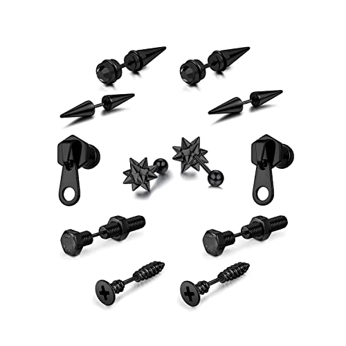 12 Pcs Punk Gothic Black Stainless Steel Fake Spike Tapers Nail Screw Zipper Closure Stud Earrings Set Illusion Tunnel Piercing Jewelry Gift For Men Women Teen Fake Gauge Earrings #TOP12