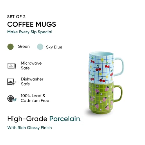 Image of Shay Ceramic Mug, 2 Pc, Strawberry & Cherry, 300ml | Glossy Finish | Ceramic Coffee Cup | Porcelain | Microwave Safe (Rise Mug - 2Pc - Strawberry & Cherry)