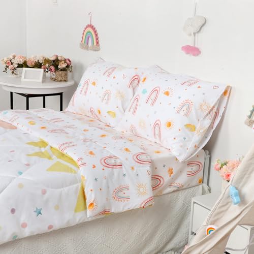 Image of Twin Size Toddler Bedding Set for Girls- 5 Piece Rainbow Toddler Girl Bedding, Super Soft & Lightweight Toddler Comforter Set Includes Comforter, Flat Sheet, Fitted Sheet, Pillowcase (Pink)