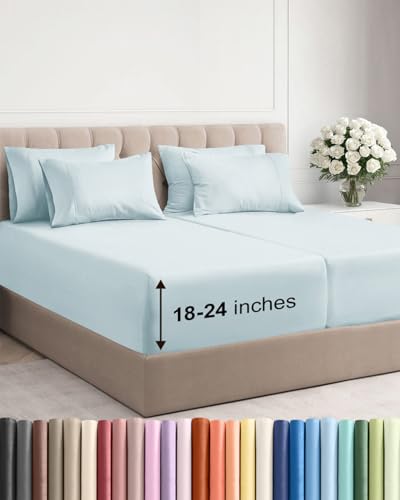 Extra Deep Split King Sheet Set - 7 Piece Breathable and Cooling Sheets - Hotel Luxury Bed Sheets Set - Easy Fit - Soft, Wrinkle Free and Comfy Sheets Set - Ice Blue Sheet Set with Extra Deep Pockets