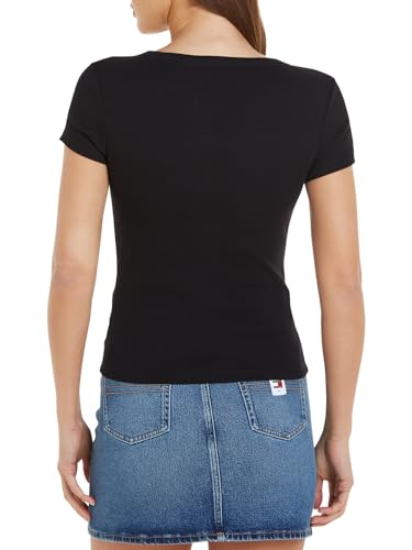 Tommy Jeans Damen T-Shirt Kurzarm Slim Rib V-Ausschnitt, Schwarz (Black), XS – Ansicht 4