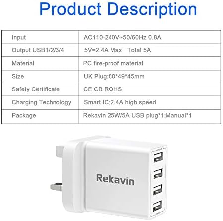 USB Plug UK Mains Charger,Rekavin Multi USB Plug Adaptor UK 4 Port/5A Phone USB Wall Charge Power Adapter Fast Charging for iPhone 13 12 11 pro Max 10 XS XR X 8 7 6 6S Plus 5S 5C SE 5,Samsung,ipad