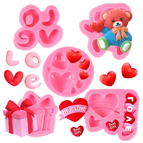 Jieting 5Pcs Heart Chocolate Molds Silicone Set, Valentine Silicone Chocolate Molds with Bear, LOVE Letter and Gift Box Shapes, Heart Silicone Mold for Candy, Baking & DIY Crafts