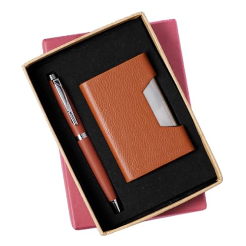 Image of 2-in-1 Card Holder and Metal Pen Gift Set, Black Leather Steel Business Card Case, Corporate Gift Set (Tan)