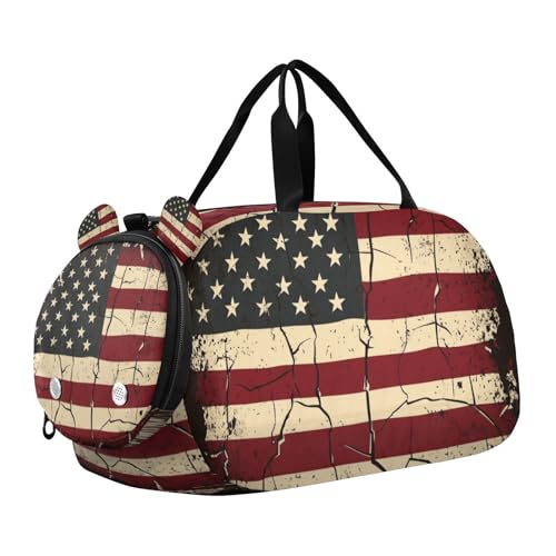 Duffle Bag for Boys or Girls with Shoes Compartment, American Flag Texture Grunge Sports Travel Bag Overnight