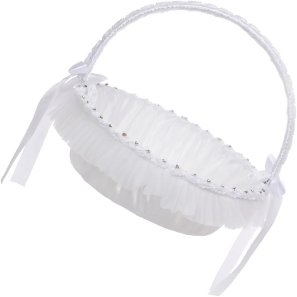 DECHOUS Lace Wedding Flower Basket Handheld Flower Girl Basket for Weddings Baptism and Special Occasions Decorative Petal Holder for Ceremony and Party Use