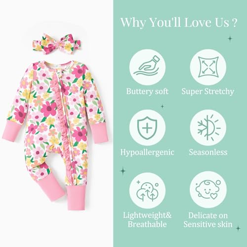 Image of PATPAT Bamboo Viscose Baby Footie with Headband, NB-2T | 2 Way-Zipper, Fold-over mittens and feet, Soft and Breathable, True to size, Stretchy for duration, Comfort in every season