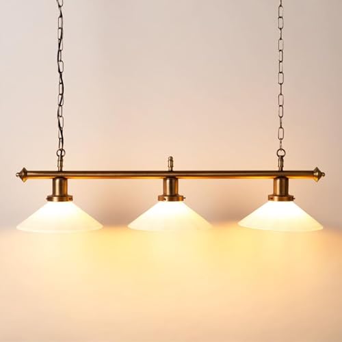 BARCELONA LED Lámpara Colgante Vintage BANQUERO, 3 Luces E27, Pantallas de Cristal Blanco/Verde, Latón Envejecido | Estilo Industrial Retro Clásico para Mesa de Billar, Salón, Comedor, Dormitorio